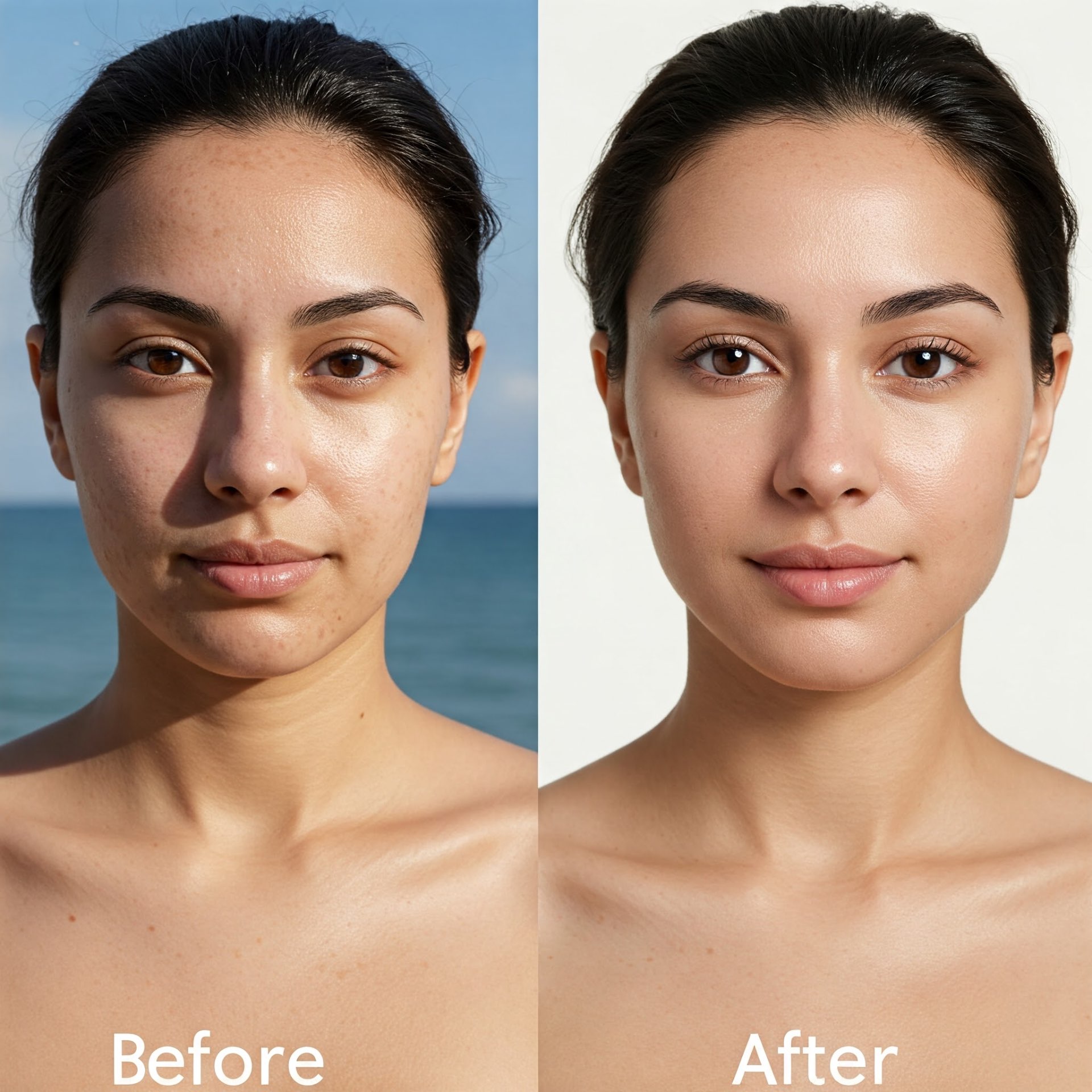 Female facial improvement before and after light therapy