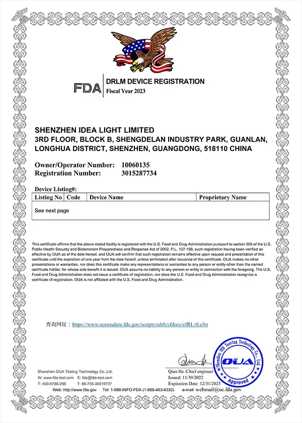 FDA Device Registration Certificate