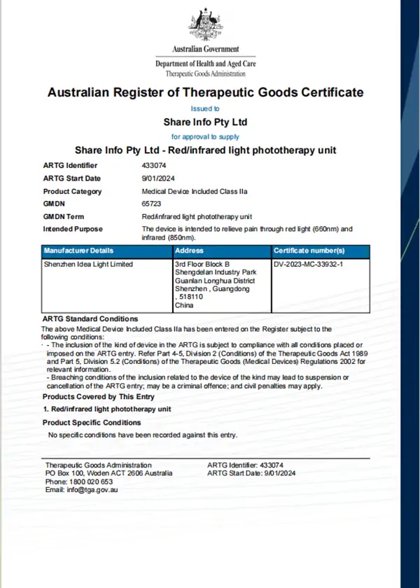 Australian Register of Therapeutic Goods Certificate
